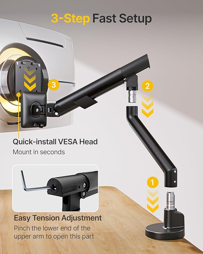 monTEK Single Monitor Arm for 17-40 Inch Screens, Heavy Duty Full Motion Monitor Mount Up to 26.4 lbs, Aluminum Monitor Stand with VESA 75/100mm, C-Clamp/Grommet Base for Curved Screens, Black