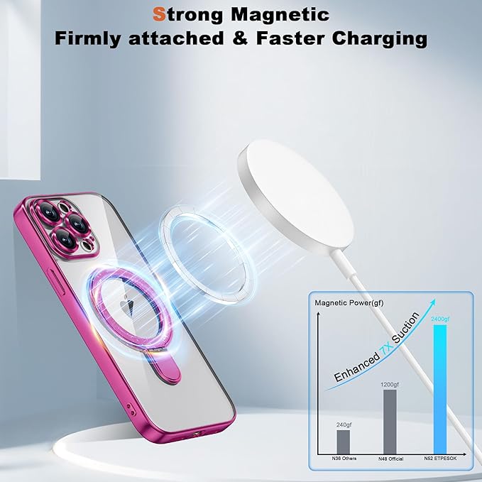 Compatible with iPhone 14 Pro Max Case with Magnetic Ring Stand [Compatible with Mag-Safe] [Full Camera Lens Protector] Soft Plating Clear Phone Case for iPhone 14 Pro Max 6.7", Rose
