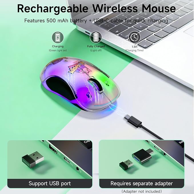 memzuoix 2.4G LED Wireless Mouse, Rechargeable Ergonomic Mouse with Detachable Cover, 1200 DPI Portable Optical Computer Mouse with USB Receiver for Laptop/PC/Desktop/MacBook, 5 Buttons-with Stickers