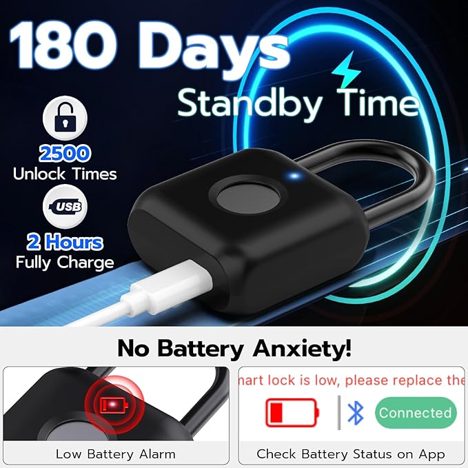 Fingerprint Padlock,Smart Padlock APP Control,Gym Locker Lock,Fingerprint Lock USB Rechargeable for Gym Locker,Locker, School,Storage Black