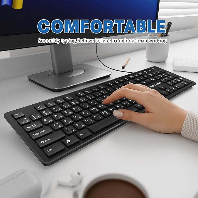 Arabic/English Keyboard USB Wired,QWERTY Laser Etched Letter（Not Fading）Full-Size with Numpad, Desktop, Pc, Laptop - Suit for Frequent Use of Arabic bilingual for Work, Study, and Communication