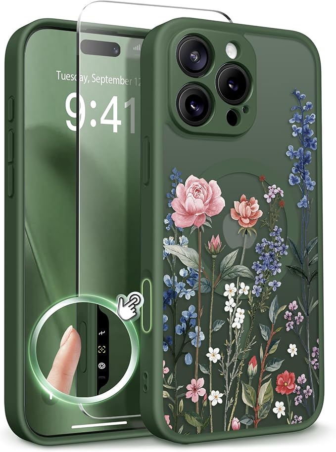 GVIEWIN for iPhone 16 Pro Case Compatible with MagSafe, [Military Grade Protection] [Screen Protector] Full Camera Protection Floral Translucent Women Magnetic Phone Case, Lush Garden/Forest Green