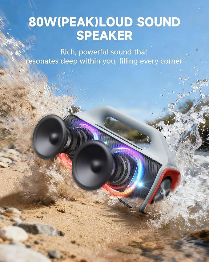 IPX67 Waterproof Bluetooth Speaker:80W(Peak) Loud Outdoor Portable Wireless Party Speakers with LED Lights,20H Playtime,Bluetooth 5.3,Deep Bass & TWS for Pool,Beach