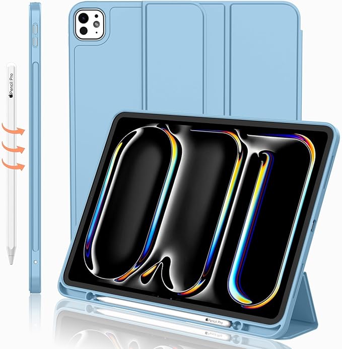 iMieet iPad Pro 13 Inch Case (M5/M4) 2025/2024 with Pencil Holder, Trifold Stand Smart Case with Soft TPU Back, Auto Wake/Sleep (Azure Blue)