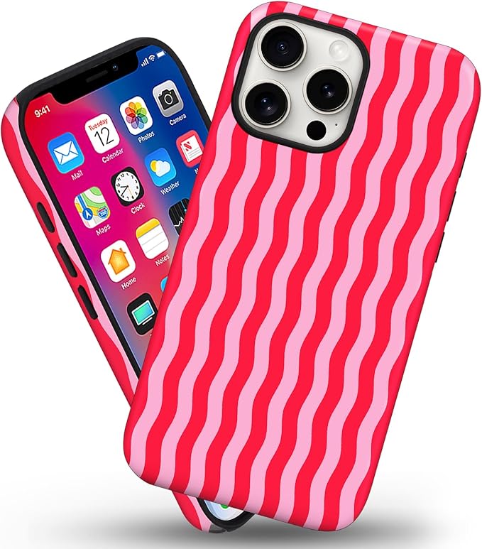 Magnetic for iPhone 13/14 Case Cute Wavy Stripes Phone Case, Shockproof Slim TPU and Hard PC Protective Phone Cover Compatible with MagSafe Designed for Women Girls, Red