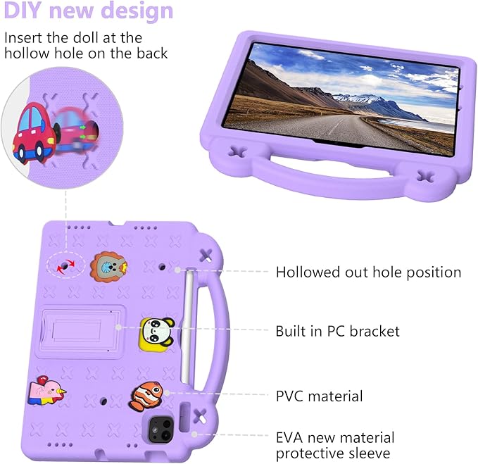 Dteck for iPad Air 6th Gen 11 Inch Case 2024,iPad Pro 11 Inch Case 2024 5th Gen(M4),Cartoon Panda Shockproof Rugged Lightweight Convertible Stand Kids Friendly Tablet Case with Handles,Light Purple