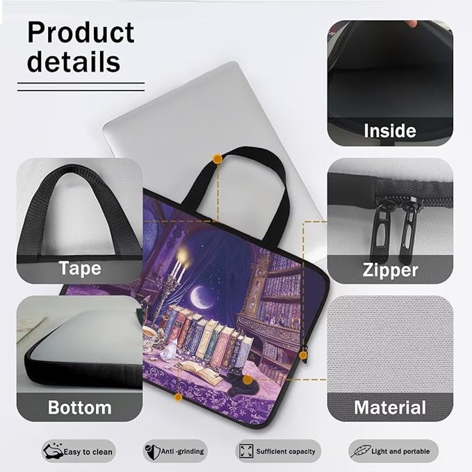 Purple Library Laptop Sleeve Case for Women Men 10 Inch Laptop Protector with Multiple Uses Portable Computer Sleeve Kawaii Cat Tablet Bag Laptop Carrying Case Gifts for Girls