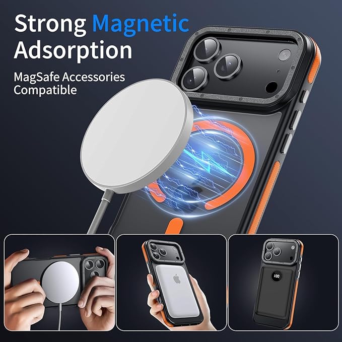 Strong Magnetic for iPhone 17 Pro Case with Camera Cover [10Ft Military-Grade Protection] Compatible with MagSafe Shockproof Slim Thin Phone Cover for iPhone 17 Pro 6.3 inch, Orange