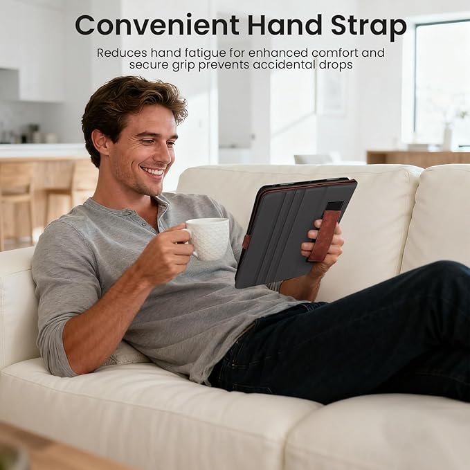 Handcrafted Case for iPad Air 13 Inch M4/M3/M2 (2026/2025/2024) with Pencil Holder & Hand Strap & Pocket,Magnetic Clasp,Multi Angles Stand,Protective Folio Cover,Auto Sleep/Wake,Dark Brown
