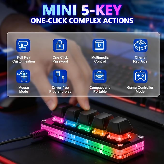 aikeec Upgrade Black 5 Keys Mini Macro Mechanical Keyboard Gaming Keypad Hot Swap Game Keyboards USB Data Cable for Windows Mac OSU HID Standard Keyboard Cherry Shaft & RGB LED