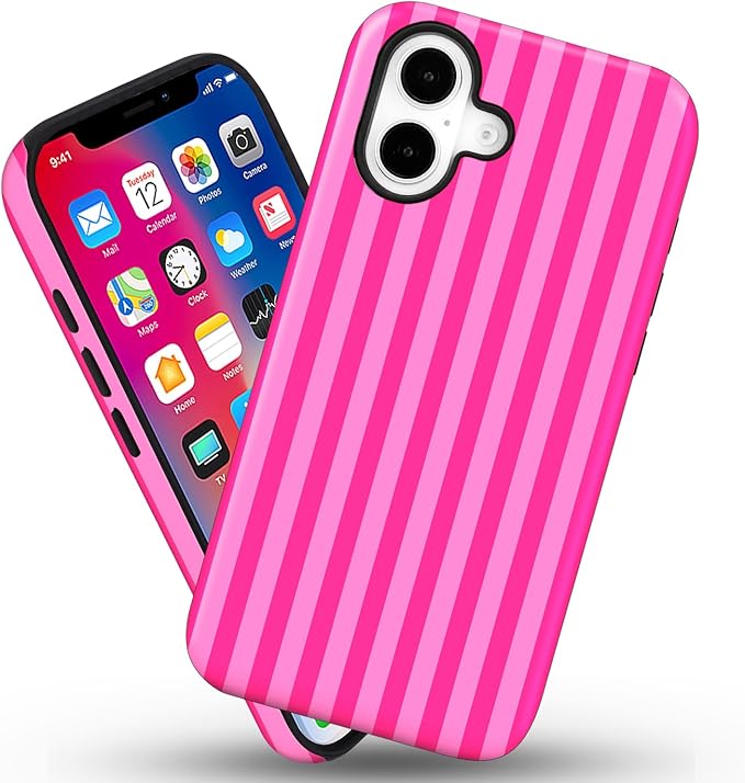 Magnetic for iPhone 16 Case Cute Stripes Phone Case, Shockproof Slim TPU and Hard PC Protective Phone Cover Compatible with MagSafe Designed for Women Girls, Deep Pink