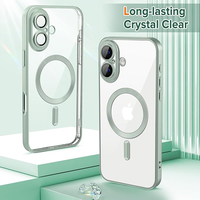 Hython Magnetic Clear for iPhone 17 Case with Camera Lens Protector [Compatible with MagSafe] Luxury Plating Edge Slim Soft TPU Cover Protective Phone Case for iPhone 17 6.3", Matte Mint