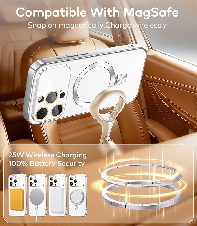 TOBOVON Magnetic for iPhone 16 Pro Max Case with Ring Stand, Fits MagSafe, with Built-in Camera Lens Protector, Slim Electroplated Shockproof Phone Cover, Silver