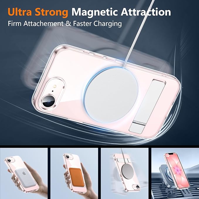 SPIDERCASE Magnetic for iPhone 17e Case for iPhone 16e Case, with [3 Stand Ways] [Military Grade Drop Protection] Invisible Stand Shockproof Slim Case for iPhone 17e/16e 6.1 inch, Clear