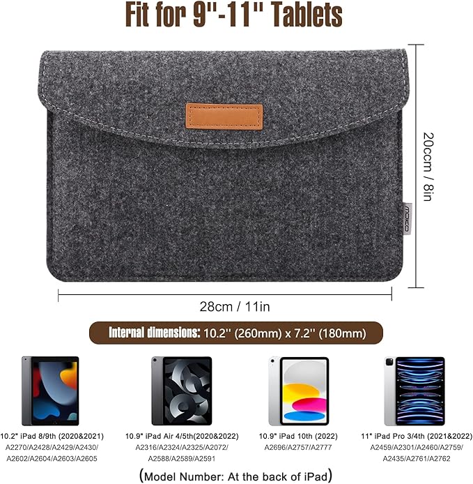 MoKo 9-11 Inch Felt Tablet Sleeve Bag Carrying Case Fits with New 11-inch iPad Air M2, New 11-inch iPad Pro M4, iPad 10th Gen 10.9, iPad 9/8/7th 10.2, iPad Air 5/4th 10.9, iPad 9.7 - Dark Gray