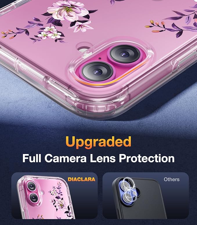 Diaclara Designed for iPhone 16 Plus Case, Full Body Rugged Case with Built-in Touch Sensitive Anti-Scratch Screen Protector, Upgraded [Full Camera Protection] for iPhone 16 Plus 6.7",Clear Flower