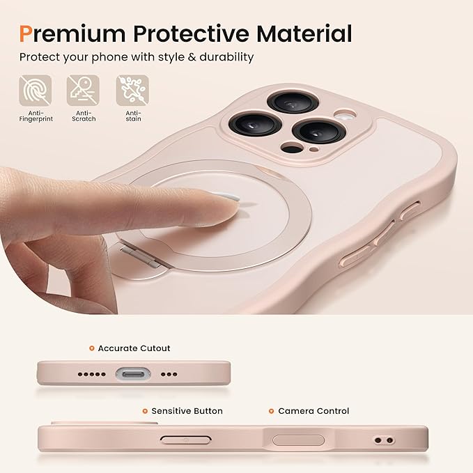 CAPRARO for iPhone 16 Pro Max Case with 360° Spin Magnetic Stand for Women, [Compatible with MagSafe] [Full Camera Protection] Cute Wave Translucent Matte Case for iPhone 16 Pro Max, Rose Gold