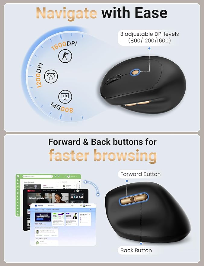 Ergonomic Vertical Wireless Mouse, 57° Natural Handshake for Wrist Pain Relief, Rechargeable 2.4G USB Computer Mouse, Quiet Click, 800/1200/1600 DPI, for Laptop PC Mac, Small/Medium Hands (Black)