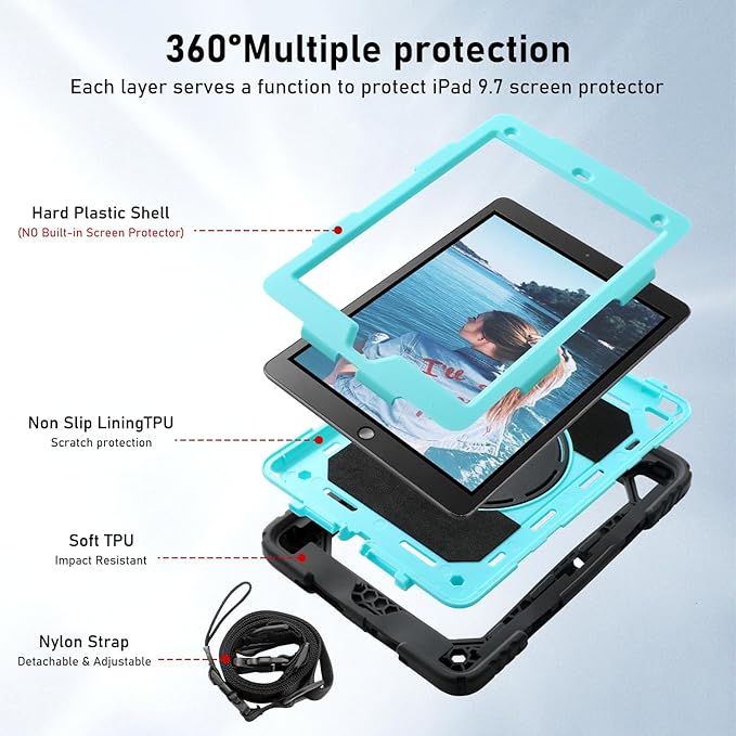 for iPad 6th Generation/iPad 5th Gen/iPad Air 2/iPad Pro 9.7" Case with Cute Key Chain, Rugged Protective Case with Rotating Stand & Shoulder Hand Strap for iPad 6th/5th/ Air 2 (Black+Aqua)