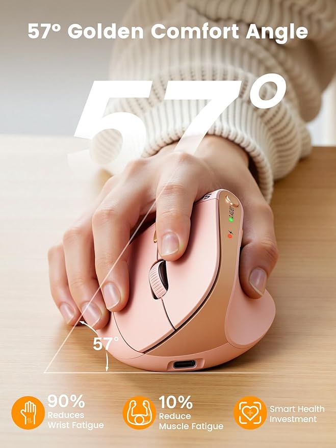 SABLUTE MAM3 Ergonomic Mouse, Rechargeable Wireless Vertical Mouse with 4 Adjustable DPI for Small/Medium Hands, Dual-Device Connectivity for Computer/PC/Laptop,Bluetooth Mouse for Window,Mac OS,Pink