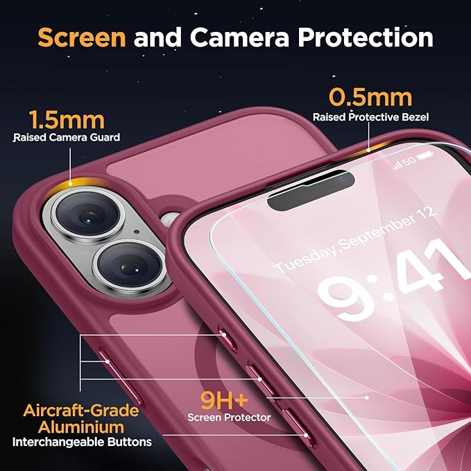 Miracase Magnetic for iPhone 17 Case (Compatible with MagSafe) with Screen Protector Military-Grade Protection, Anti-Fingerprint Translucent Matte Phone Cover for iPhone 17 6.3 inch,Wine Red