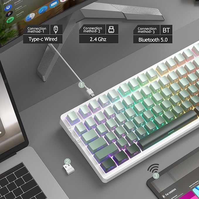 MageGee LIGHT100 Wireless Creamy Keyboard, Gasket Structure Hot Swappable, 2.4G/USB-C/BT5.0 RGB Backlit Mechanical Gaming Keyboard for Win/Mac/PC, 8000mAh Battery, Side Printed PBT Keycap, Green