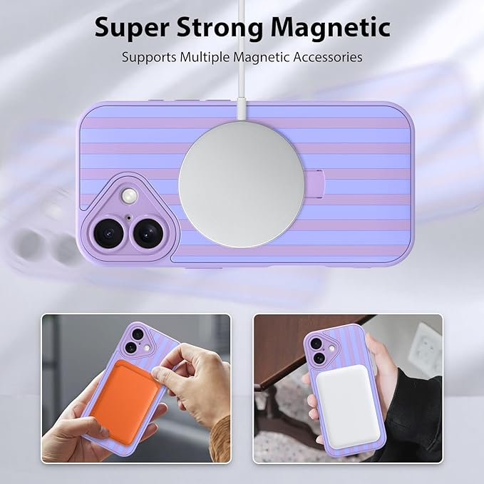 KANGHAR Compatible with iPhone 16 Case, Support for MagSafe, Silicone Stripes Cute Pattern, Wristband Kickstand Camera Protection Soft Slim Cover for Girls Women -Purple