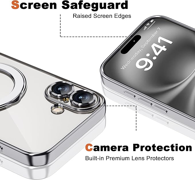 Compatible with iPhone 16 Plus Case with Invisible Magnetic Ring Stand [Compatible with Mag-Safe] [Full Camera Lens Protector] Plating Clear Phone Case for iPhone 16 Plus 6.7", Silver