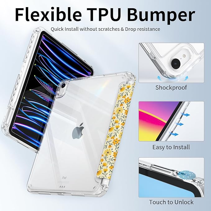 Case for iPad 11th Generation A16 Chip (2025), iPad 10th Generation (2022) Case Yellow Floral, Protective Slim Clear Back Cover with Pencil Holder, Trifold Sturdy Stand, Composition Book