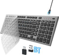 FENIFOX Wireless Keyboard, Bluetooth & 2.4G USB & USB-C Rechargeable Silent Ultra Quiet Low Profile Compact Full Size with Number Pad Soft Multi Device for Mac MacBook Windows PC - Black & Grey