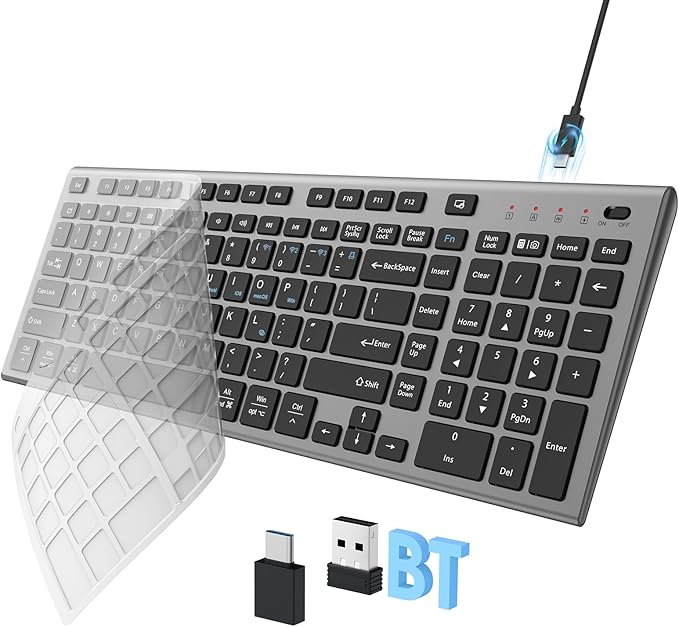 FENIFOX Wireless Keyboard, Bluetooth & 2.4G USB & USB-C Rechargeable Silent Ultra Quiet Low Profile Compact Full Size with Number Pad Soft Multi Device for Mac MacBook Windows PC - Black & Grey