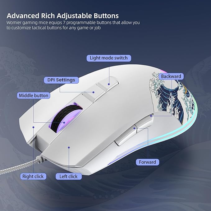 Womier Wired Gaming Mouse, 12400 DPI RGB Mouse with RGB Backlit Modes & 7 Macro Buttons, PC Gaming Mice Support DIY Keybinding, Gamer Computer Mice for Laptop PC Mac Windows(G705 Kanagawa)