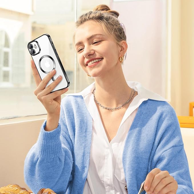 Hython Magnetic Clear for iPhone 11 Case with Camera Lens Protector [Compatible with MagSafe] Luxury Plating Edge Slim Soft TPU Cover Protective Phone Case for iPhone 11 6.1", Black