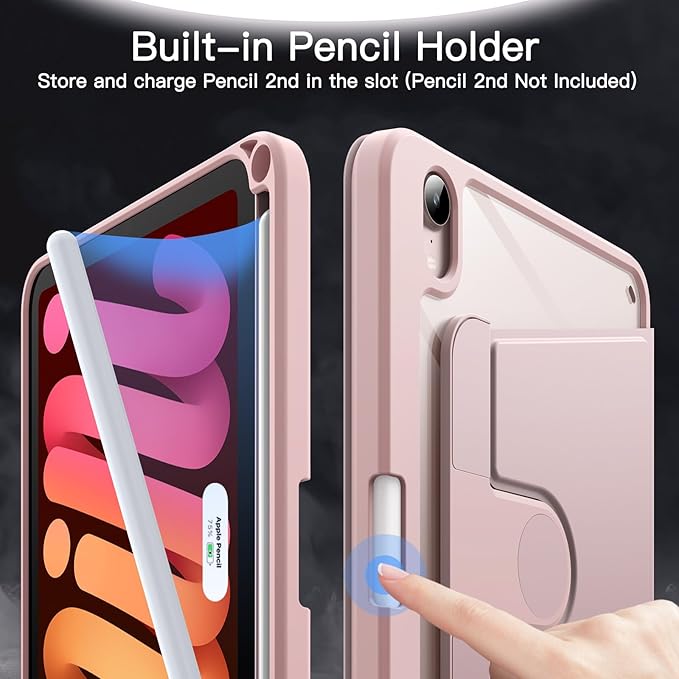 JETech Rotating Case for iPad mini (A17 Pro, 2024 Model, 7th Generation) / mini 6 (2021 Model, 6th Generation) with Pencil Holder, 360 Degree Rotation Protective Stand Cover Clear Back (Pink)