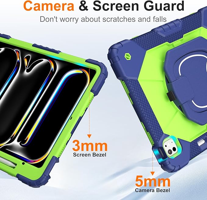 Case for iPad Pro 13 Inch M5 2025/ M4 2024, Ubearkk for iPad Pro 13 Inch case with Screen Protector, 360 Degree Rotating Stand Shoulder Strap Pencil Holder,Military Grade Shockproof, Navy Green