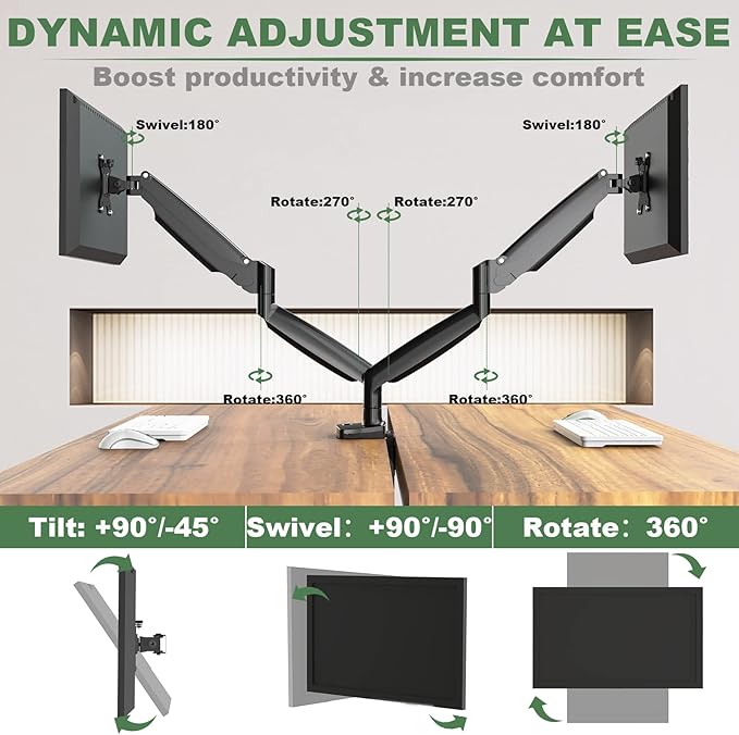 UPGRAVITY Dual Monitor Mount, Dual Monitor Desk Mount for Two Ultrawide 22"-34" Flat/Curved Computer Screens, Fully Adjustable Gas Spring Double Monitor Stand Arms Hold 26.5lbs, VESA 75x75/100x100mm