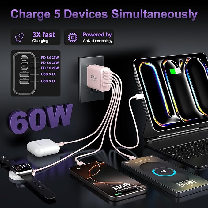 USB C Fast Wall Charger Block, 2Pack 60W USBC Charging Cubes, 5-Port PD+QC Power Adapter Multiport Brick Type C Box Plug for Phone 16/15/14/13/12/11/Pro Max/Plus, Pad Mini/Pro/S25/S24-Pink