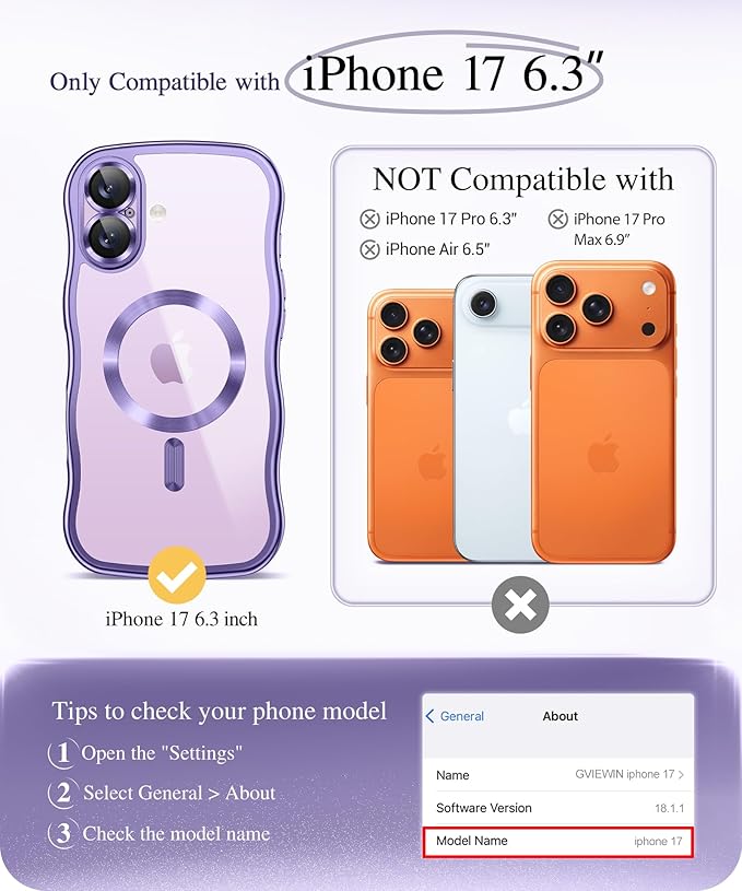 GVIEWIN for iPhone 17 Case Compatible with MagSafe, Upgraded [Full Camera Protection][Cute Wave Frame][Military Grade Protection] Electroplated Hard Phone Cover for Women Girl, Clear Purple