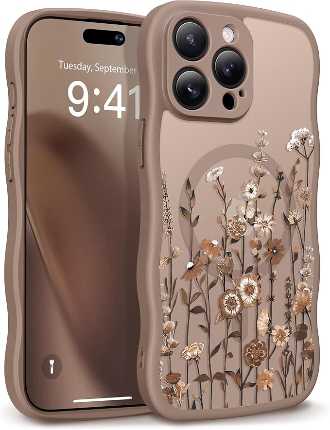 GVIEWIN for iPhone 15 Pro Max Case Compatible with MagSafe [Curly Wave Edge][Full Camera Protection] Floral Translucent Shockproof Magnetic Women Phone Case for 15 Pro Max 6.7'', Floratopia/Brown