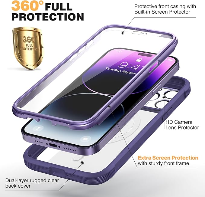 Diaclara Magnetic Designed for iPhone 14 Pro Max Case, Full Body Rugged Case with Built-in Touch Sensitive Anti-Scratch Screen Protector, with Camera Lens Protector for iPhone 14 Promax6.7 (Purple)