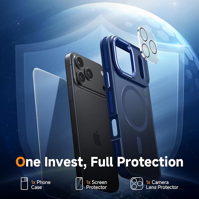 Magnetic 3 in 1 for iPhone 17 Pro Case, [Omni-Directional Protection] with 1x Screen Protector + 1x Camera Cover, [Seamless Work with Magsafe] Shockproof Slim Thin Matte Case for iPhone 17 Pro Blue