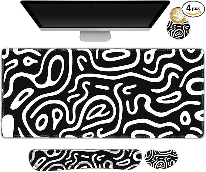 Large Gaming Mouse Pad Set, 4 in 1 Extended Keyboard Desk Mat with Wrist Rest, Computer Game Mousepad, Non-Slip Desk Pad Easy Typing Pain Relief for Home Office I Black White Topographic