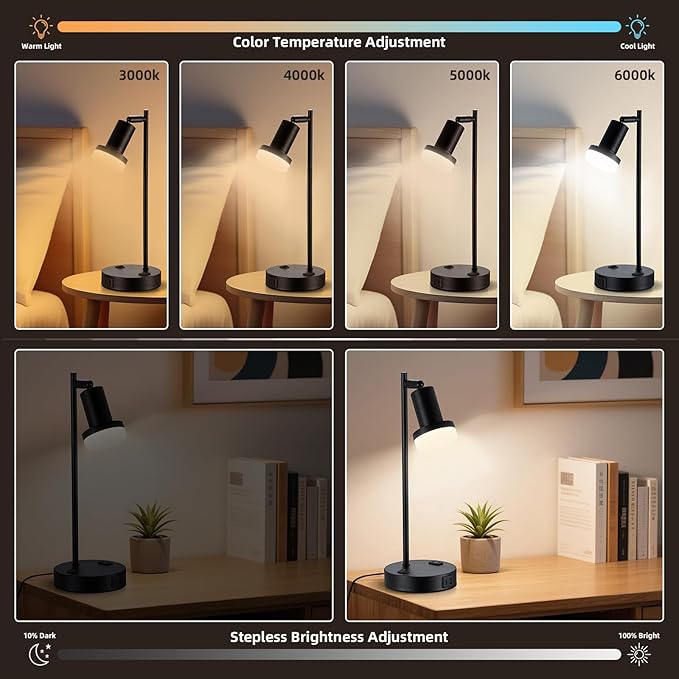 Industrial Table Lamp with Remote Control for Stepless Dimmer & Temperatures, Bedside Lamp with USB C+A Ports and AC Outlet, Flexible Head-Desk Lamp for Bedroom, Living Room, Office (Walnut)