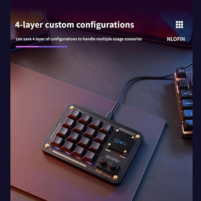 Double Knob Custom Macro Pad Programmable Designer Mini Keyboard 16 Keys with Screen (Silver,KB16)