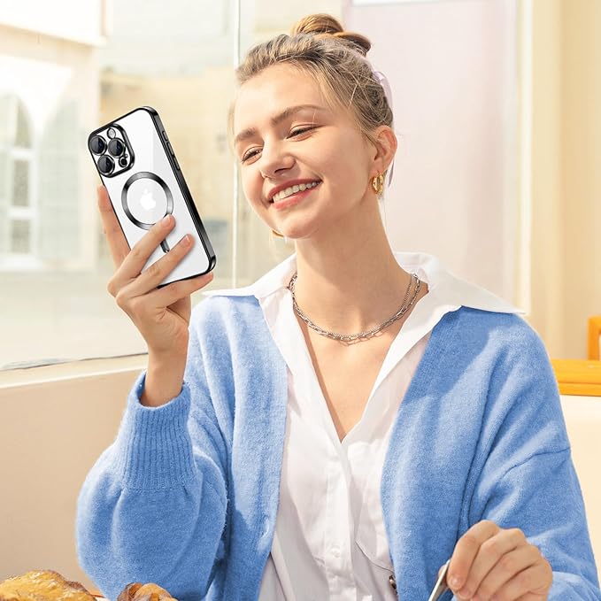 Hython Magnetic Clear for iPhone 15 Pro Case with Camera Lens Protector [Compatible with MagSafe] Luxury Plating Edge Slim Soft TPU Cover Protective Phone Case for iPhone 15 Pro 6.1", Black