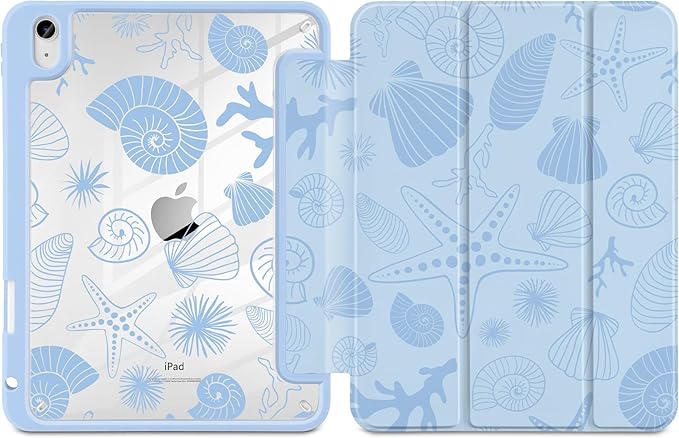 Case for iPad Air 11 inch M4 2026 M3 2025 M2 2024 Release with Pencil Holder Clear Back Shell Blue Lightweight Shockproof TPU Edge Trifold Stand Auto Wake Sleep Cute Cover, Starfish and Shells