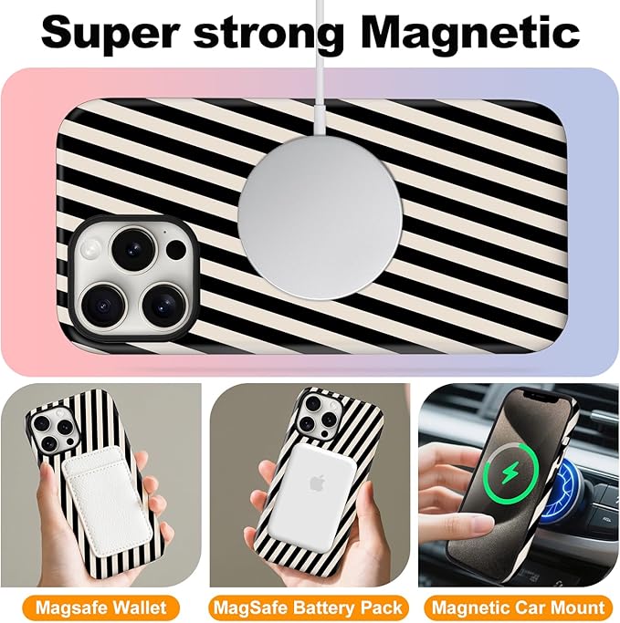 Magnetic for iPhone 15 Case Cute Diagonal Stripes Phone Case, Shockproof Slim TPU and Hard PC Protective Phone Cover Compatible with MagSafe Designed for Women Girls,Black and White