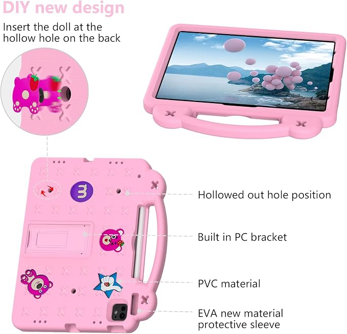 Kids Case for iPad Air 13 inch M3 2025/M2 2024 & iPad Pro 13 inch M4 2024 & iPad Pro 12.9 inch Cover 6th/5th/4th/3rd Generation (2022/2021/2020/2018) with Stand/Pencil Holder/Handle, Pink