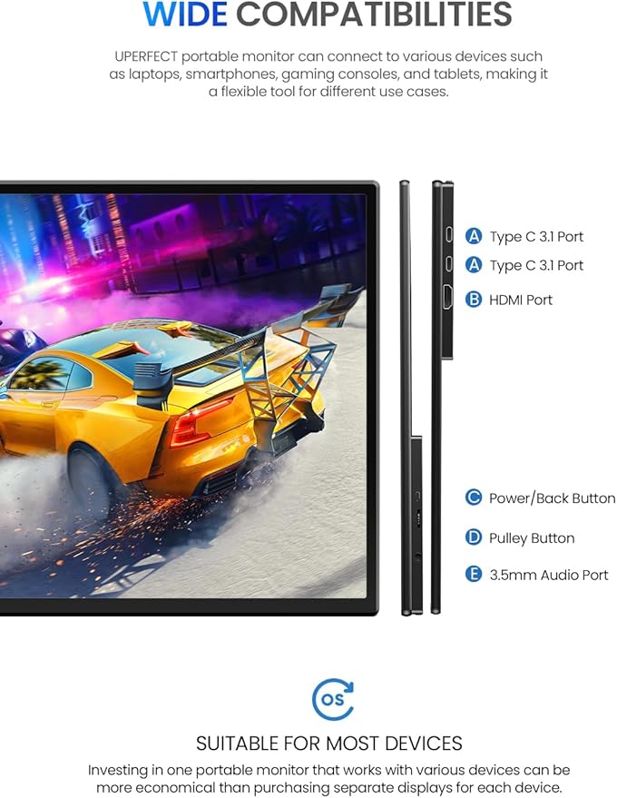 UPERFECT 21.5” 120HZ Touchscreen Portable Monitor w/Stand & VESA, Large Portable Gaming Monitor with HDMI Type C, External Display for Laptops, Steamdeck, MacBook, Phones, Mini PC