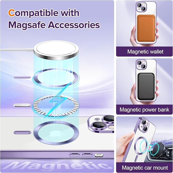 Hython Magnetic Clear for iPhone 14 Case with Camera Lens Protector [Compatible with MagSafe] Luxury Plating Edge Slim Soft TPU Cover Protective Phone Case for iPhone 14 6.1", Light Purple